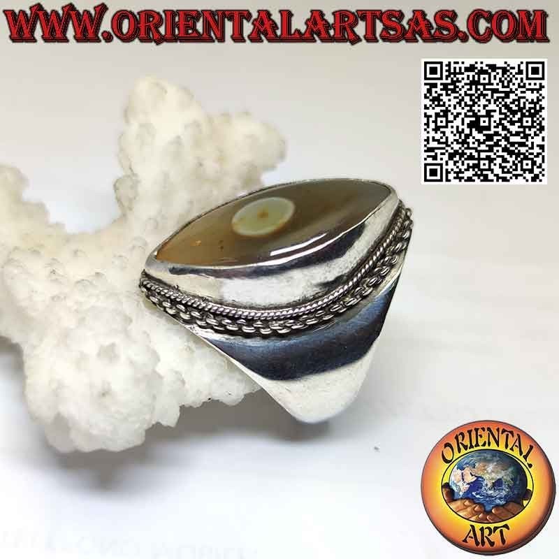 Silver ring with Shiva's eye (third eye) shuttle agate and chain edge on smooth setting (j)