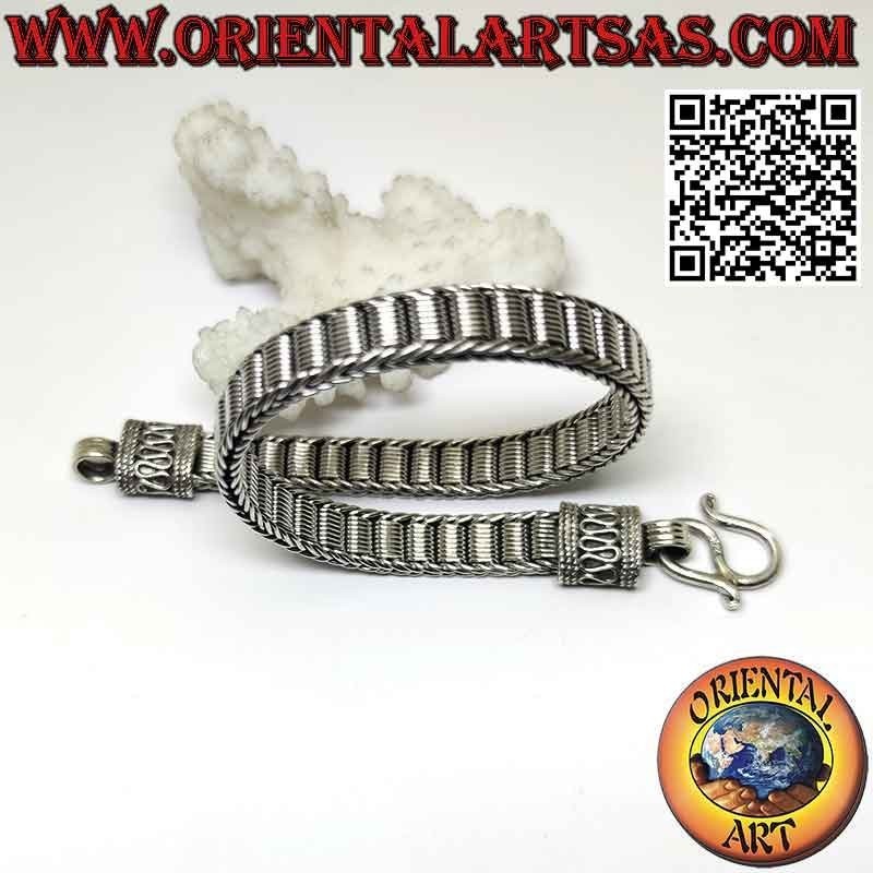 Flat 925 ‰ silver bracelet with central spiral mesh and serpentine on the hooks (22)