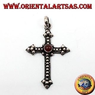 Silver pendant, cross with carnelian