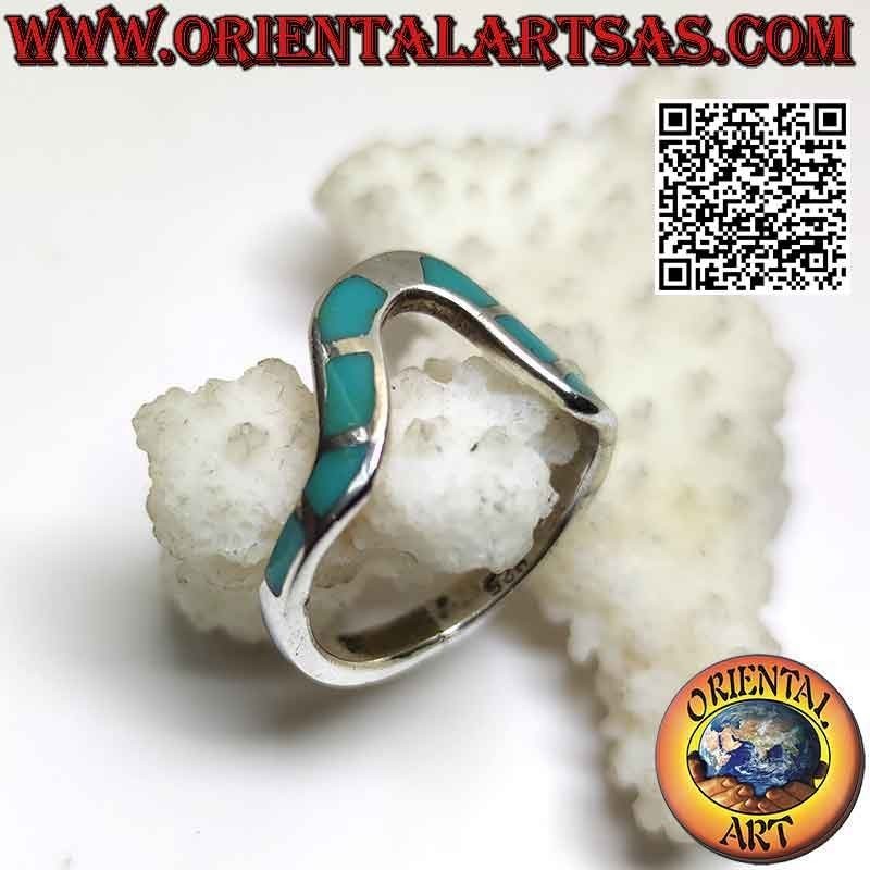 Anello in argento a grande onda centrale con inserti di turchese