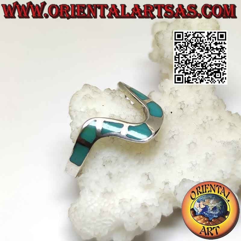 Anillo grande de plata con onda central e inserciones de turquesa