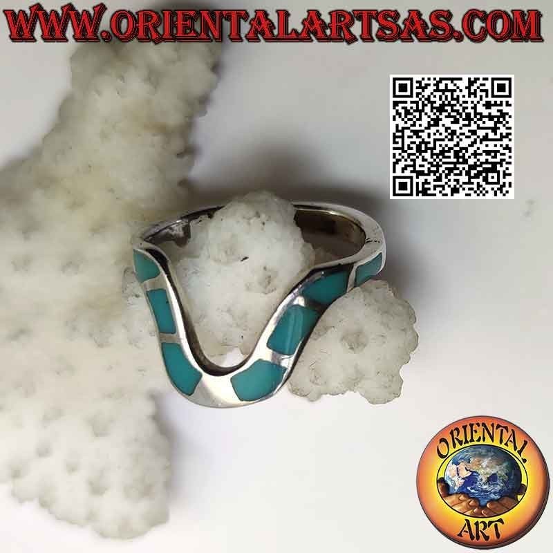 Grande bague en argent vague centrale avec inserts en turquoise