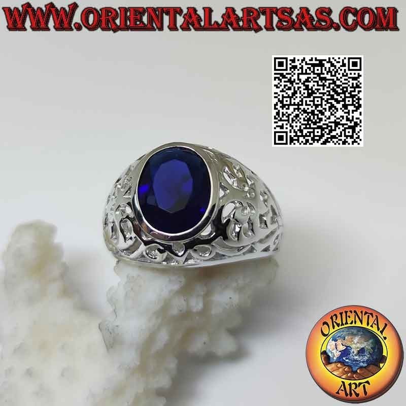 Silver ring with faceted oval synthetic sapphire and openwork romantic baroque decoration