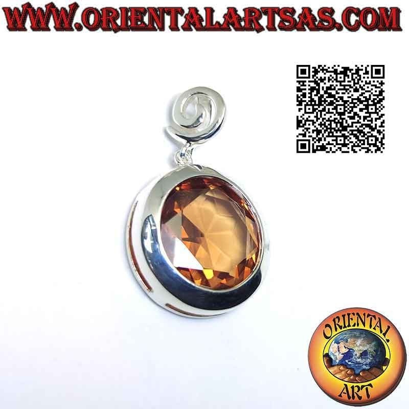 Silver pendant with spiral hook and large round faceted champagne zircon with smooth edge