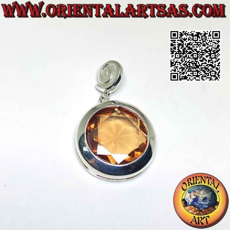 Colgante de plata con gancho espiral y gran circonita champagne facetada redonda con borde liso