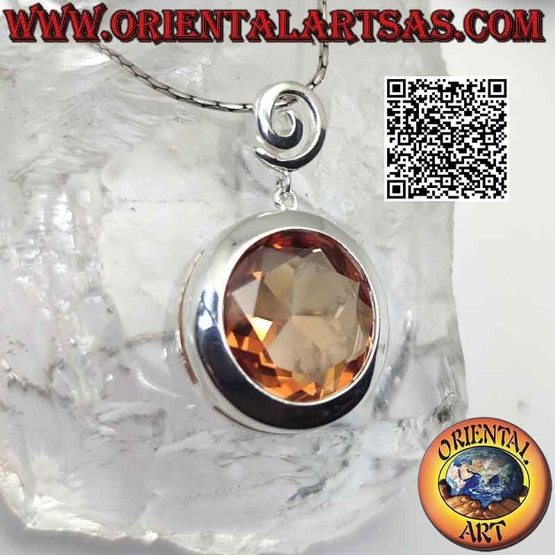 Colgante de plata con gancho espiral y gran circonita champagne facetada redonda con borde liso