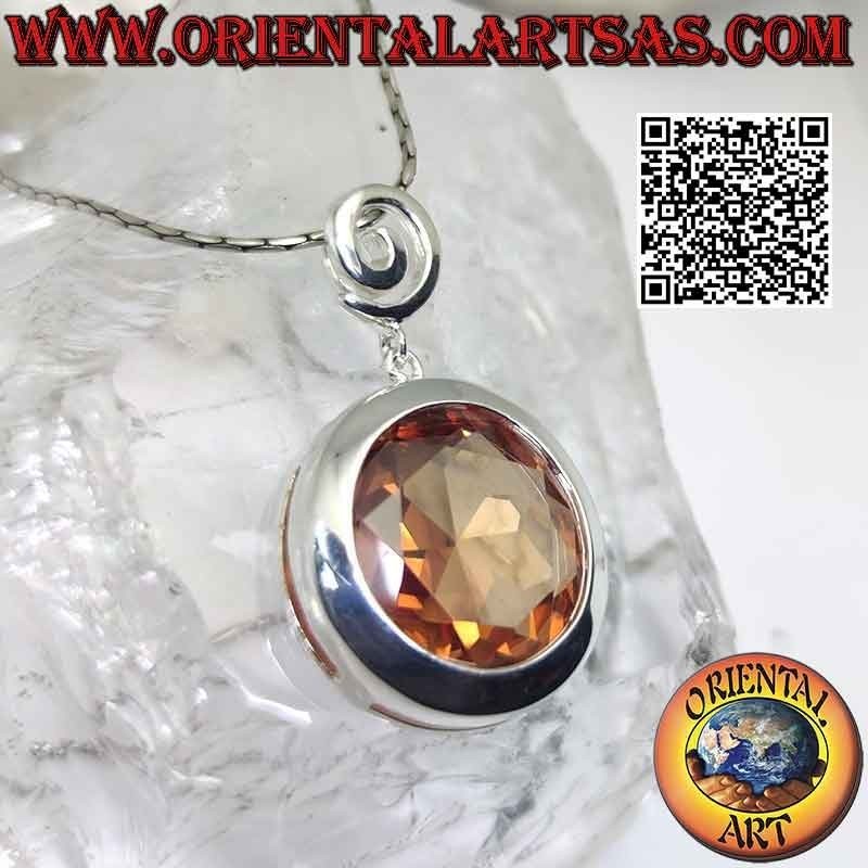 Pendentif en argent avec crochet en spirale et grand zircon champagne rond facetté avec bord lisse