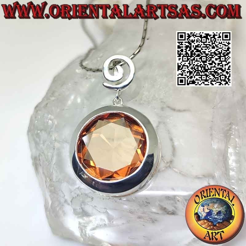 Silver pendant with spiral hook and large round faceted champagne zircon with smooth edge
