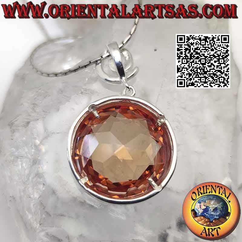 Pendentif en argent avec crochet en spirale et grand zircon champagne rond facetté avec bord lisse
