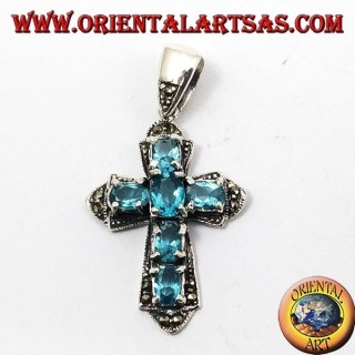 pendant, silver cross and marcassiti with six blue topaz