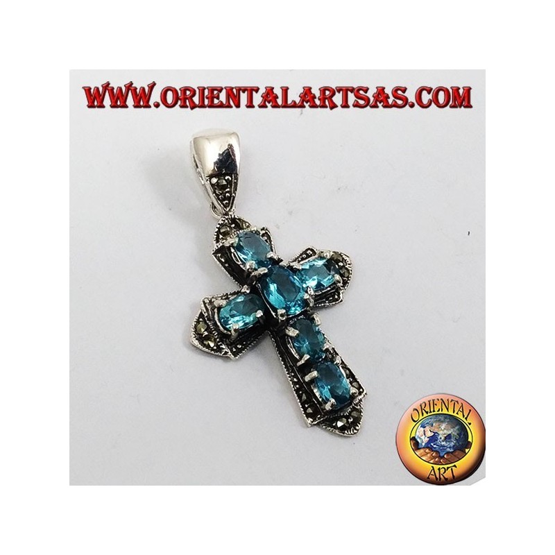 Anhänger, Silber Kreuz und marcassiti mit sechs blauen Topas