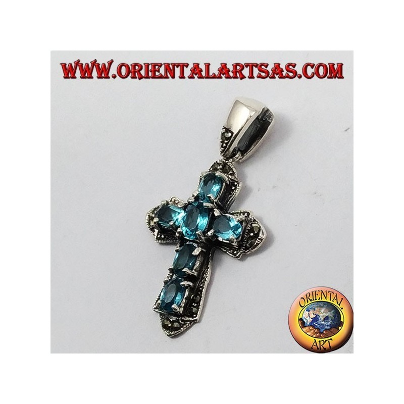 Anhänger, Silber Kreuz und marcassiti mit sechs blauen Topas