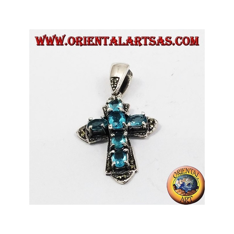 pendentif, croix en argent et marcassiti avec six topaze bleue