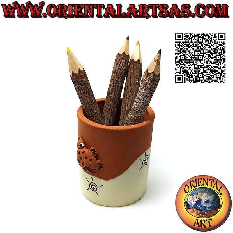 Hand made cylindrical pen holder with frog and spirals in terracotta