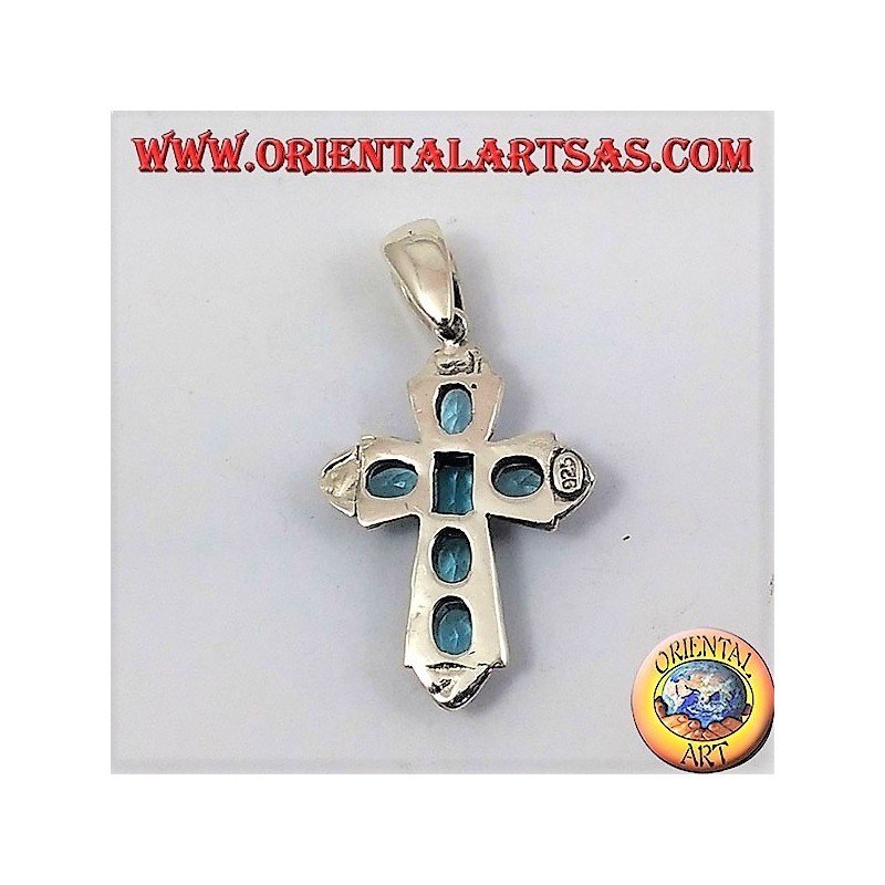 pendant, silver cross and marcassiti with six blue topaz