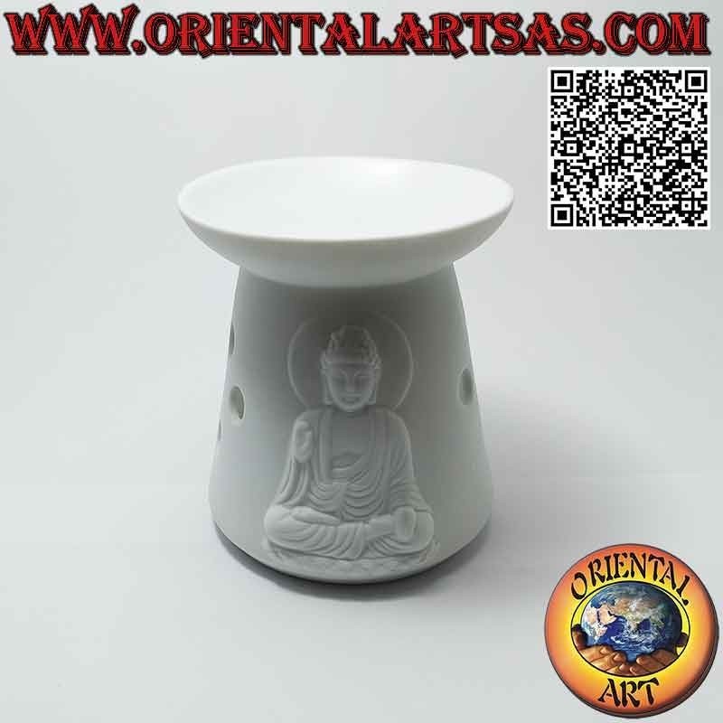 Burner for essential oils, house with buddha in relief in white ceramic