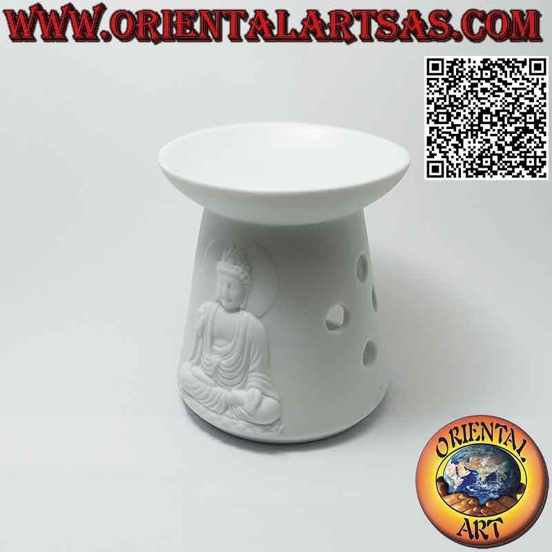 Quemador para aceites esenciales, casa con buda en relieve en cerámica blanca