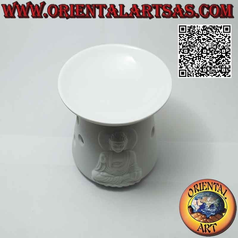 Burner for essential oils, house with buddha in relief in white ceramic