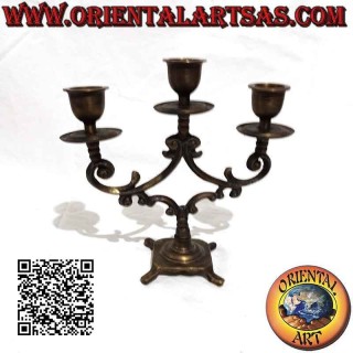 Traditional Nepalese three-armed candle holder in pure brass