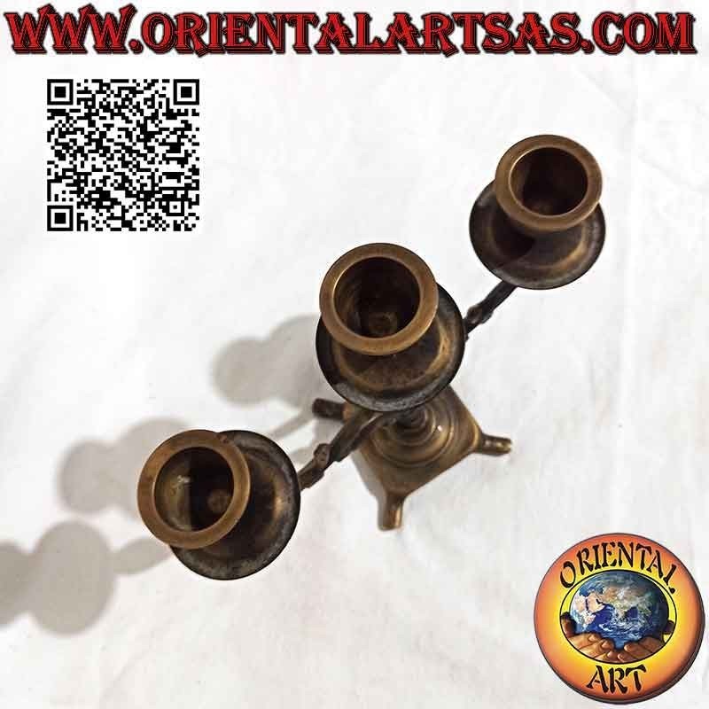 Bougeoir traditionnel népalais à trois bras en laiton pur
