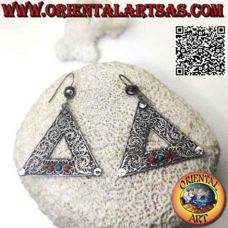Silver earrings, triangle decorated with filigree with trio of turquoise and natural ancient corals