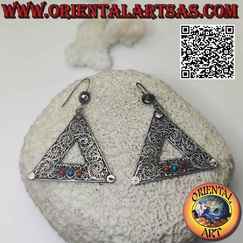Silver earrings, triangle decorated with filigree with trio of turquoise and natural ancient corals
