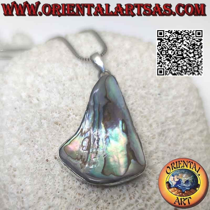 Colgante de plata con concha de paua (abulón) de forma irregular con alambre de borde liso (d)