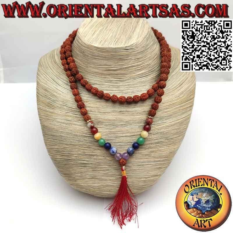 Mālā (Japamālā) rosario buddista da 108 Grani da 8 mm. in Rudraksha e pietre dei 7 chakra