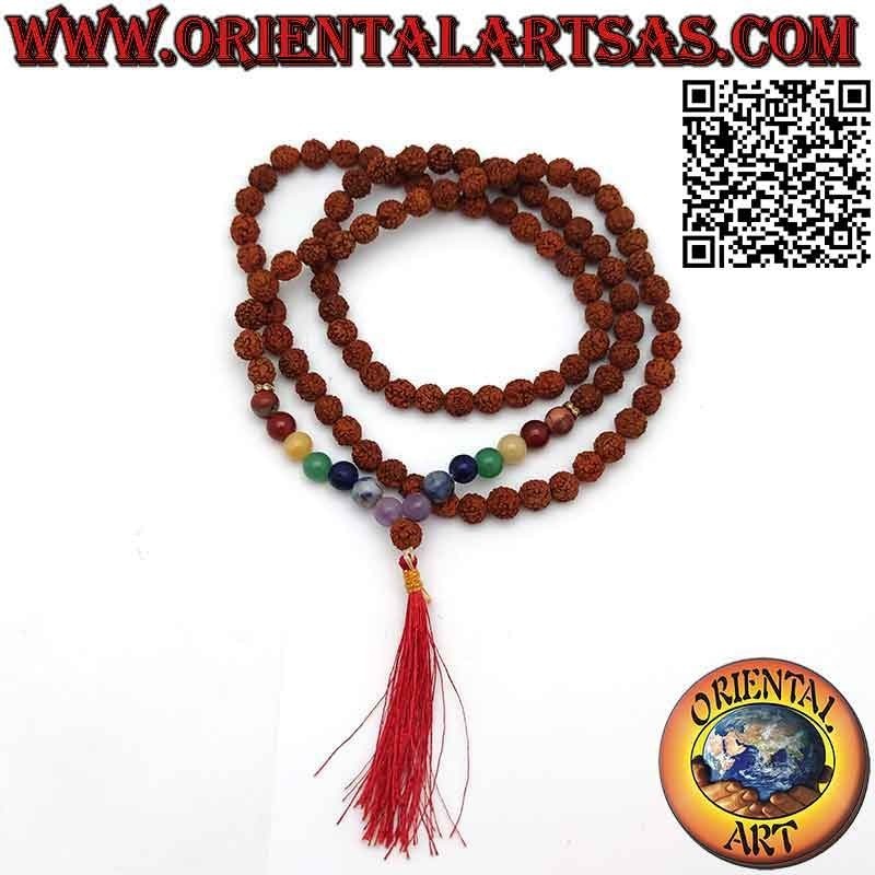 Chapelet bouddhiste Mālā (Japamālā) de 108 grains de 8 mm. en Rudraksha et pierres des 7 chakras