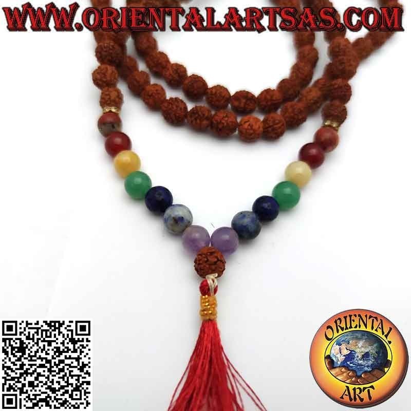 Chapelet bouddhiste Mālā (Japamālā) de 108 grains de 8 mm. en Rudraksha et pierres des 7 chakras