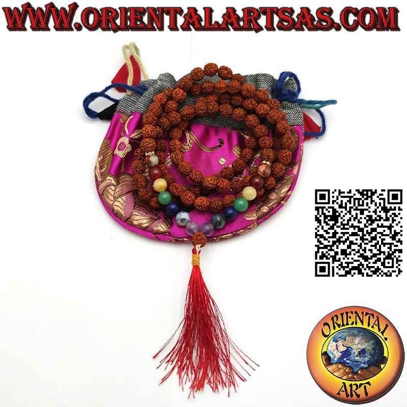 Mālā (Japamālā) Rosario budista de 108 cuentas de 8 mm. en Rudraksha y piedras de los 7 chakras