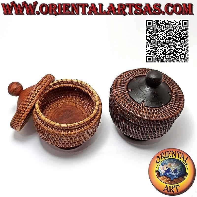 Boîte à bijoux cylindrique avec socle en acajou et osier (Ø 9 et h 10)