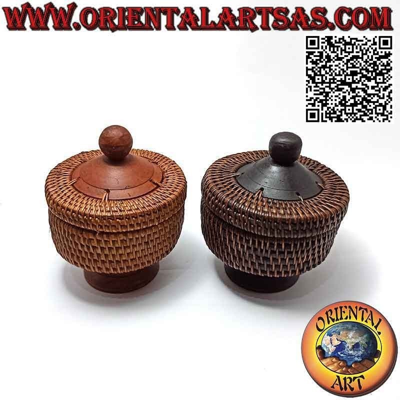 Cylindrical jewelery box with pedestal in mahogany and wicker (Ø 9 and h 10)