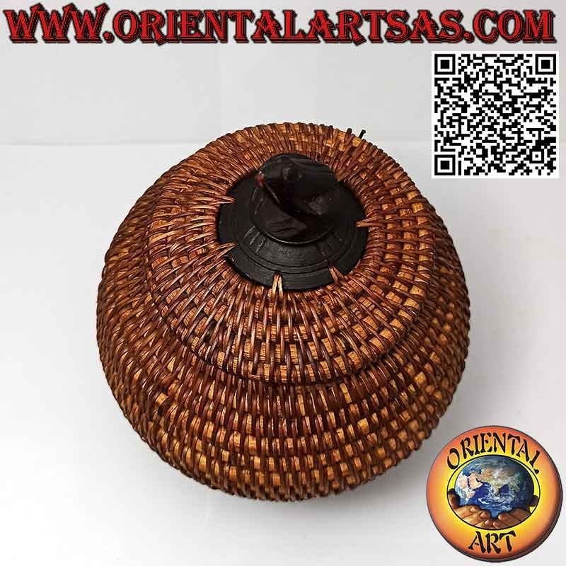 Spherical jewelry box with carved sculpture in mahogany and wicker