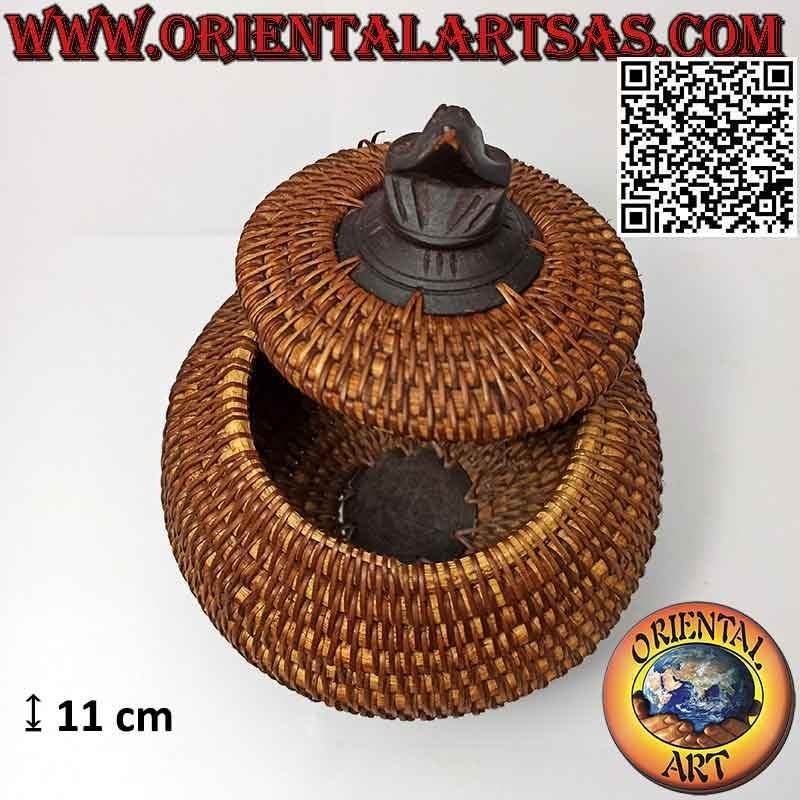 Boîte à bijoux sphérique avec sculpture sculptée en acajou et osier