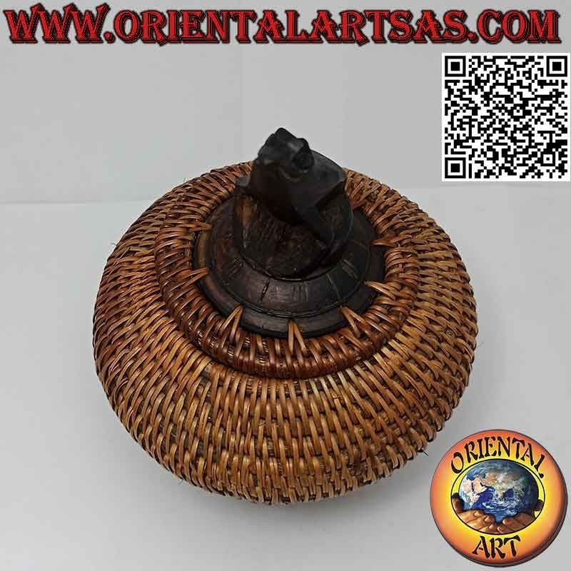 Spherical jewelry box with carved sculpture in mahogany and wicker