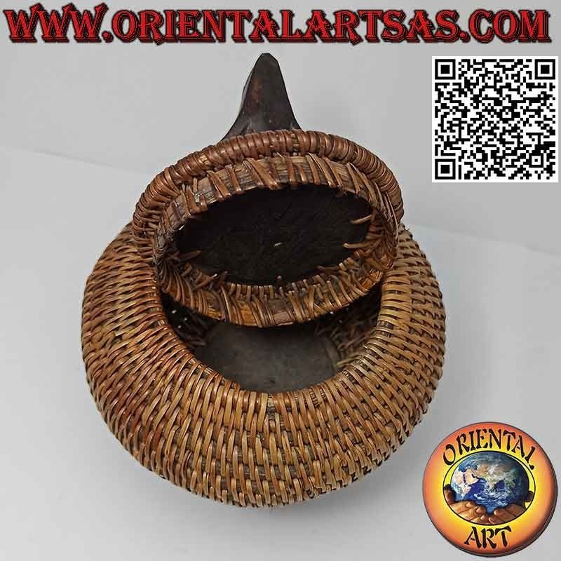 Spherical jewelry box with carved sculpture in mahogany and wicker