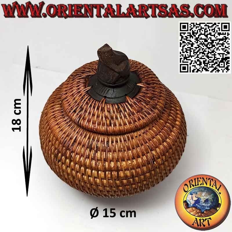 Spherical jewelry box with carved sculpture in mahogany and wicker