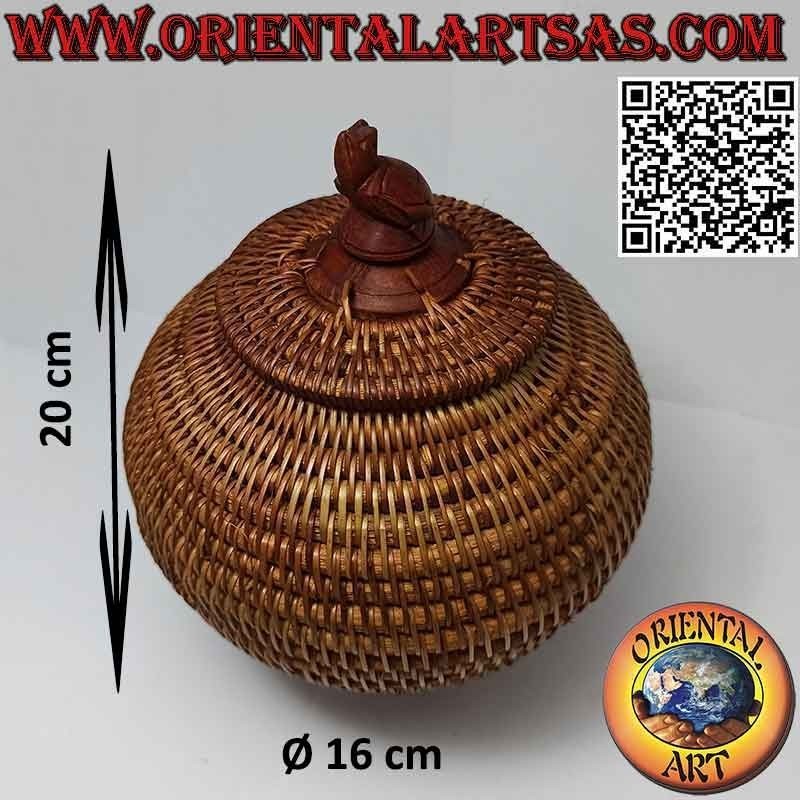 Boîte à bijoux sphérique avec sculpture sculptée en acajou et osier