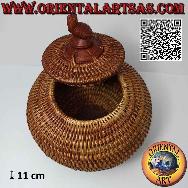 Spherical jewelry box with carved sculpture in mahogany and wicker