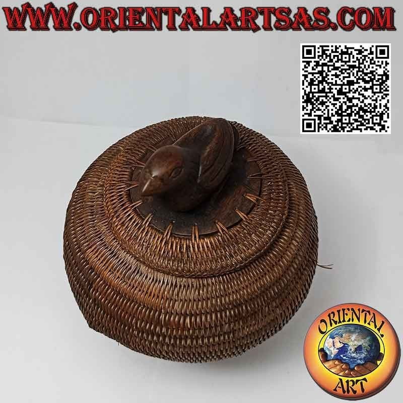 Spherical antique jewelry box with carved sculpture in mahogany and wicker