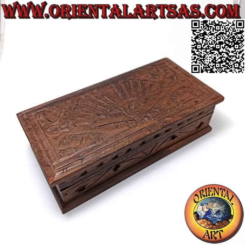 Scatola portagioie a cofanetto con pavone intagliato, in legno sonokeling (ebano Indonesiano) da 20x10 cm