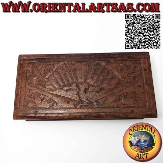 Scatola portagioie a cofanetto con pavone intagliato, in legno sonokeling (ebano Indonesiano) da 20x10 cm