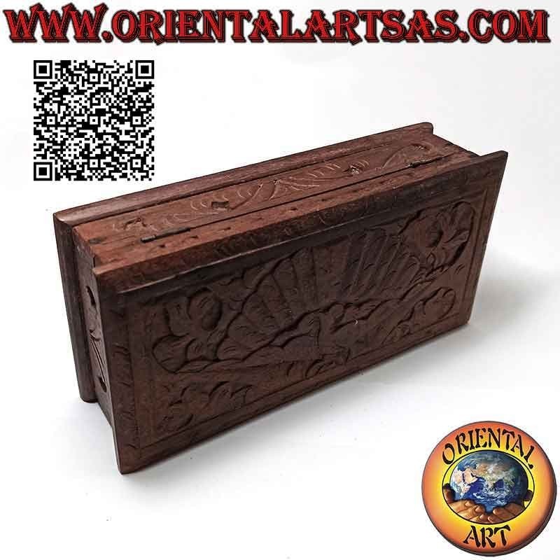 Scatola portagioie a cofanetto con pavone intagliato, in legno sonokeling (ebano Indonesiano) da 20x10 cm