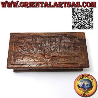 Joyero en cofre con pavo real tallado, en madera de sonokeling (ébano de Indonesia) 14x7 cm