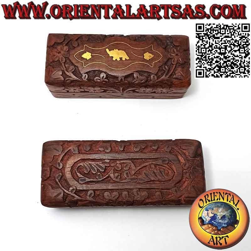 Scatola portagioie a cofanetto con interno foderato e intagli floreali, in legno di palissandro da 13x5