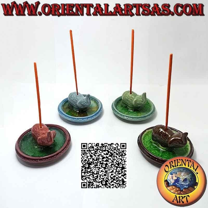 Incense burner "elephant with raised trunk" on the disc in painted ceramic and vitrified interior with water effect