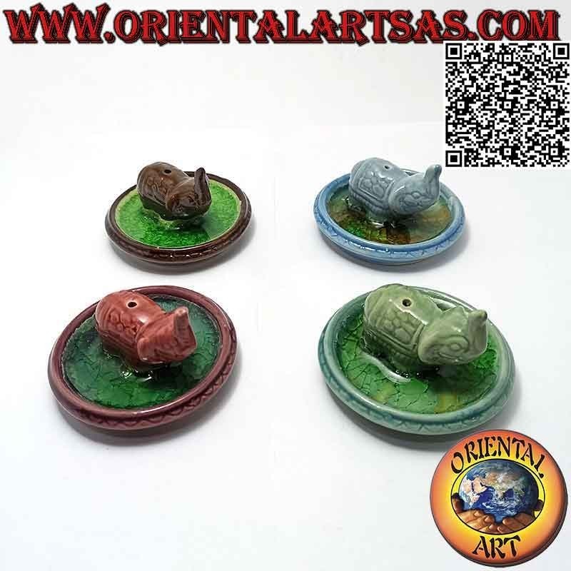 Incense burner "elephant with raised trunk" on the disc in painted ceramic and vitrified interior with water effect