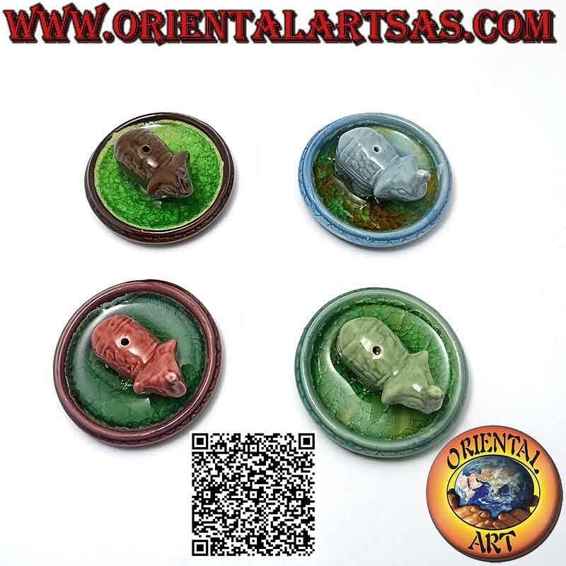 Incense burner "elephant with raised trunk" on the disc in painted ceramic and vitrified interior with water effect