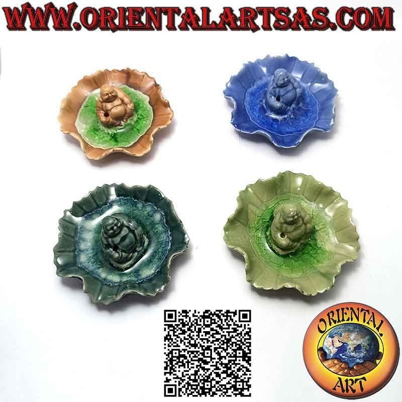 Quemador de incienso "Buda de la abundancia (Budai) sentado" en la hoja de cerámica pintada e interior vidriado